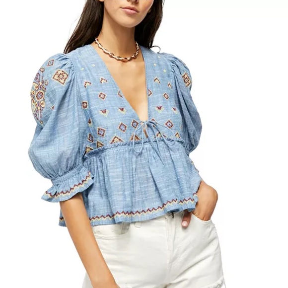 Free People Tops - Free People Tallulah Embroidered Blue Babydoll Top Size XS